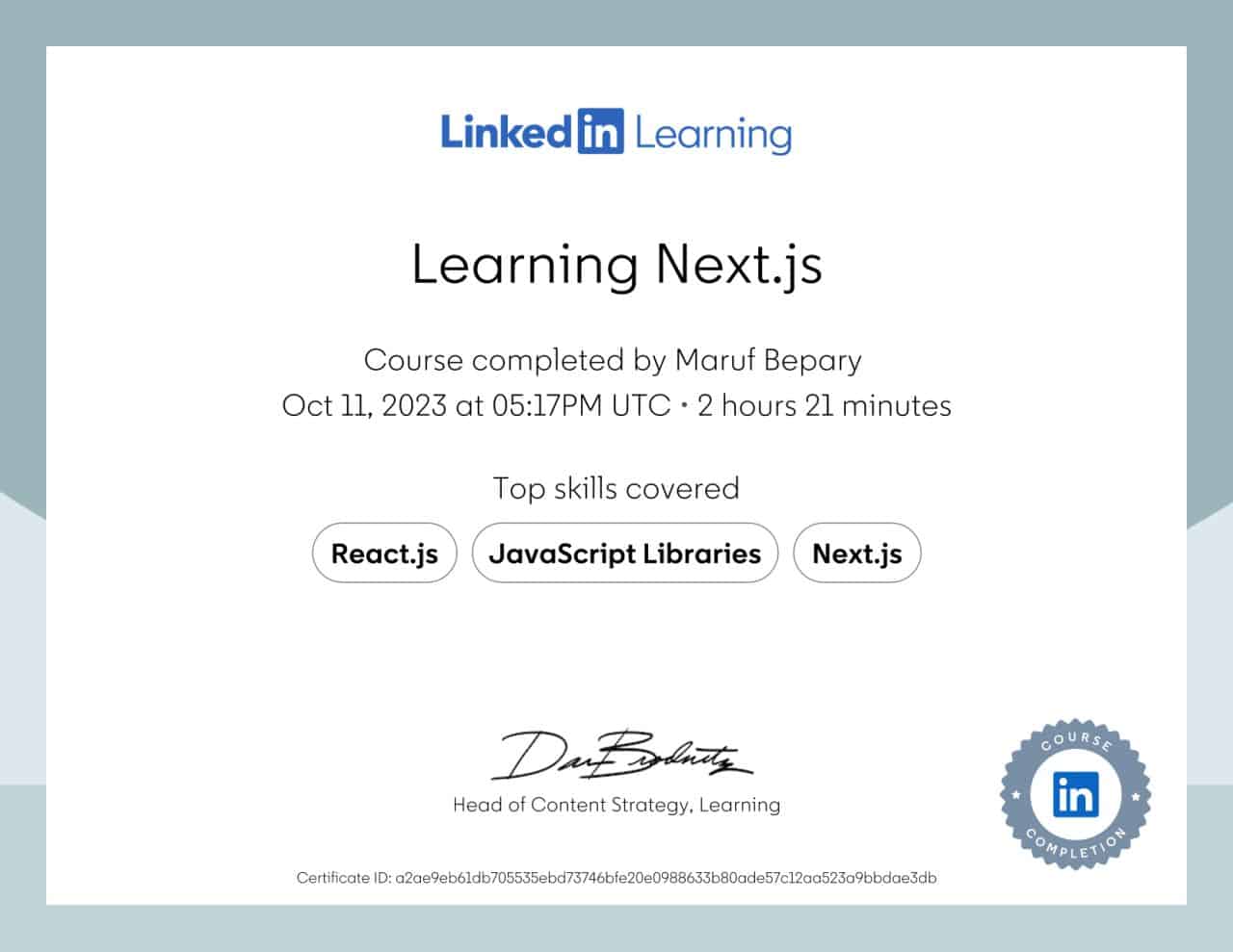 Learning Next.js certificate image