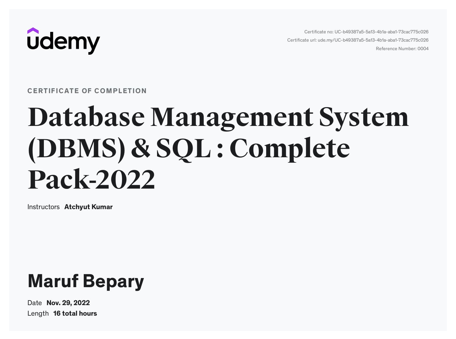 Database Management System (DBMS) & SQL certificate image